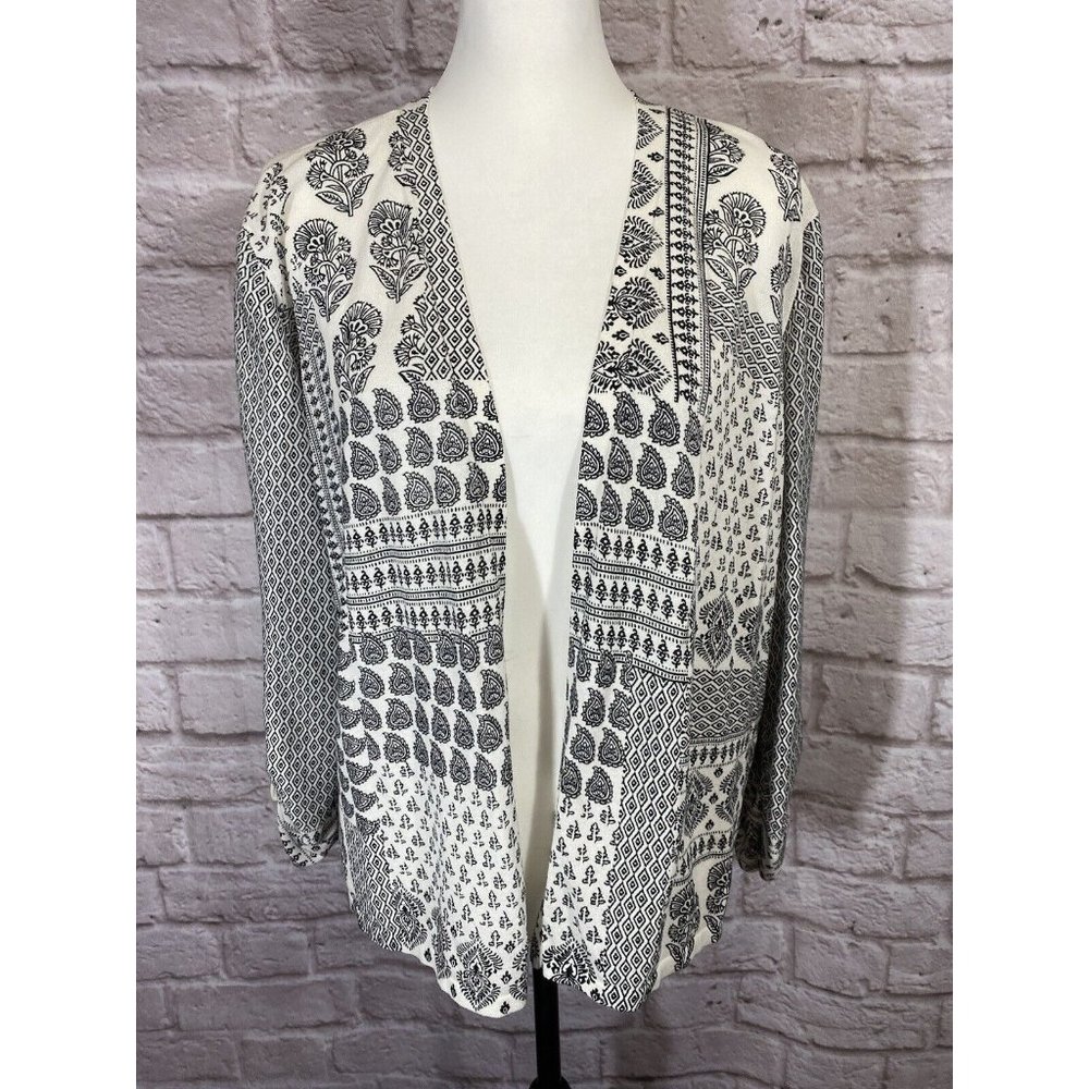 CHICOS Cardigan Sweater 3 XL Black White Handkerchief Print Ruched Sleeve 9424 - Picture 1 of 9